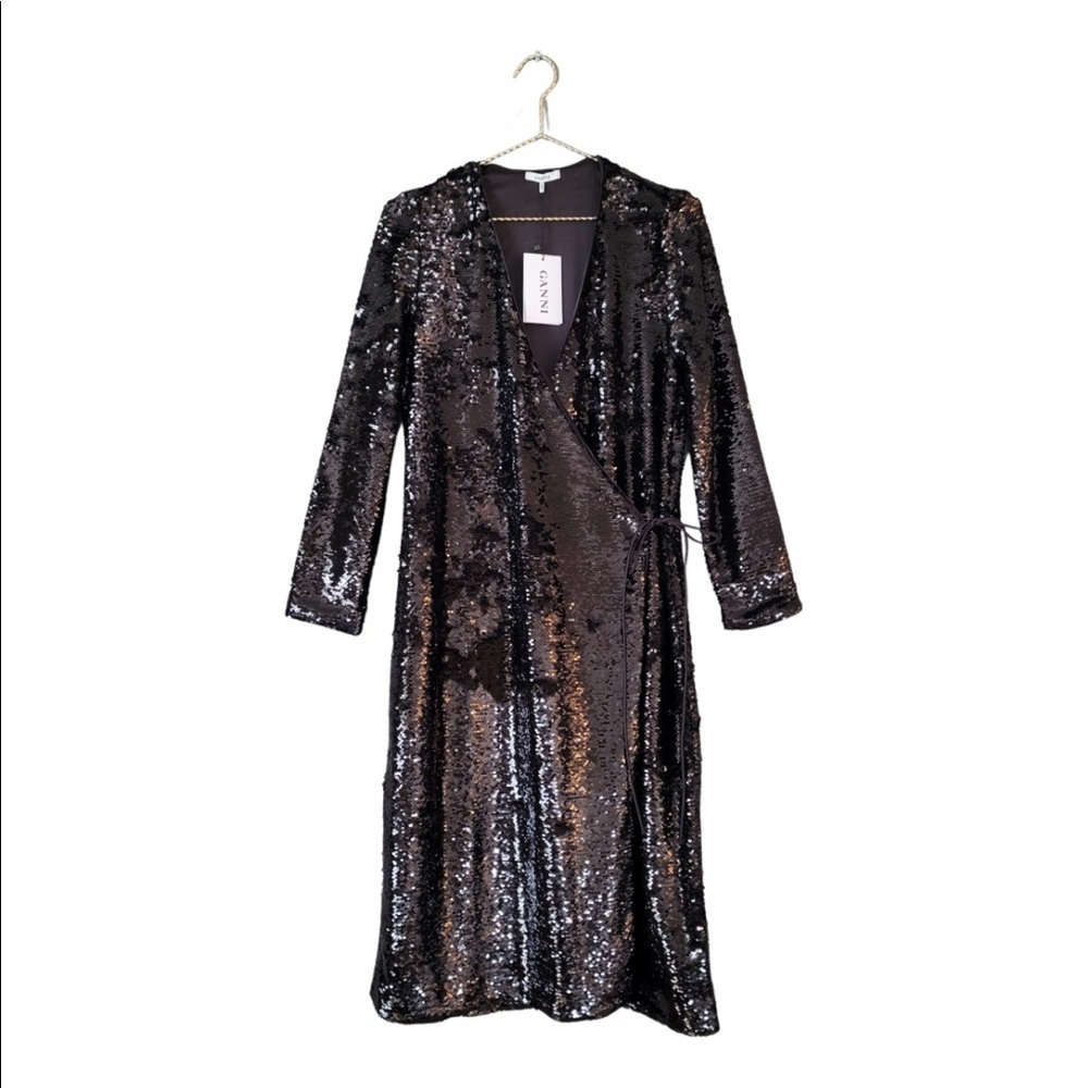 GANNI Black Sequin Wrap Maxi Dress
